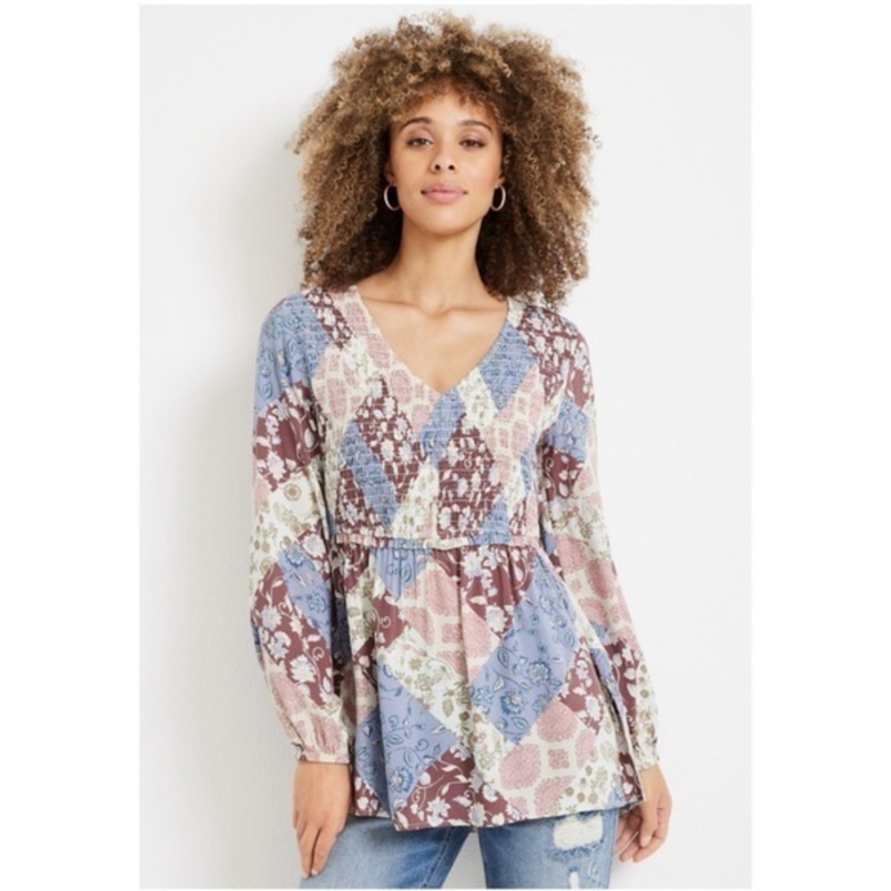 Maurice’s Women’s Patchwork Peplum Smocked Waist Blouse Top GUC 3X #1123